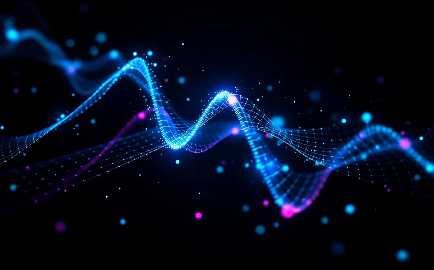 Luminous holographic wireframe of a three-bead KPV tripeptide in cyan and violet with a dimmed upstream node, floating on a deep near-black void with a faint hexagonal grid